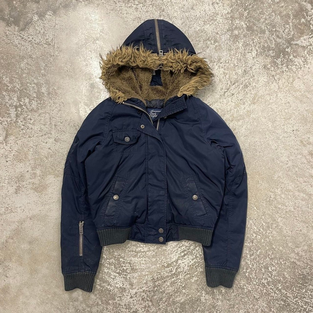 Vintage American Eagle Y2K Babydoll Fur Lined Cropped Navy Bomber Jacket Small